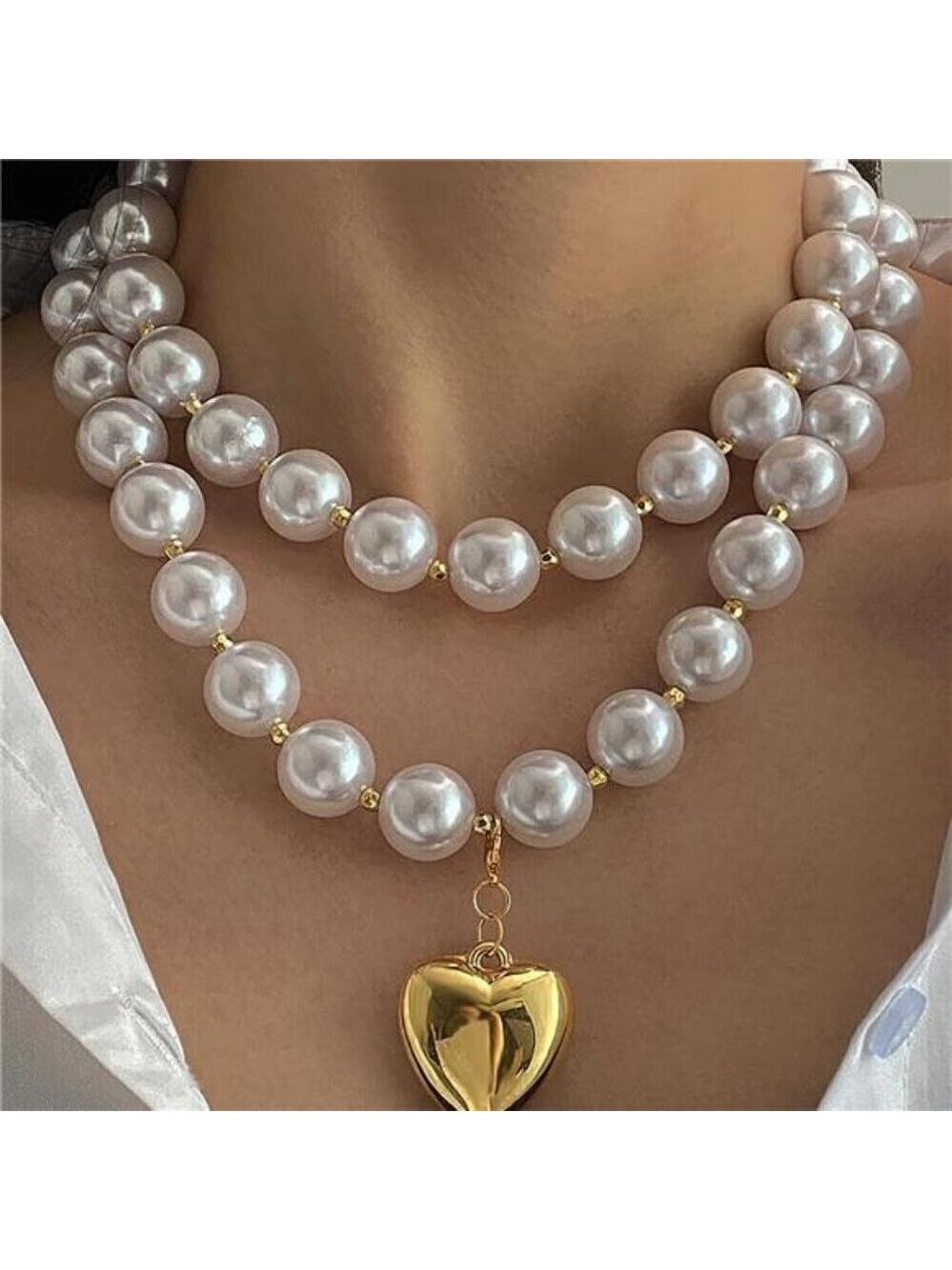 Chunky Pearl Gold Heart Necklace Large Round Bead Layered Necklace